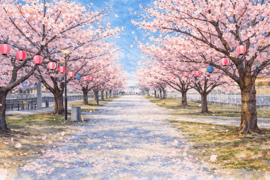 【三郷中央にぎわい創出実行委員会】三郷春祭り ちょうちんで彩る川辺の桜