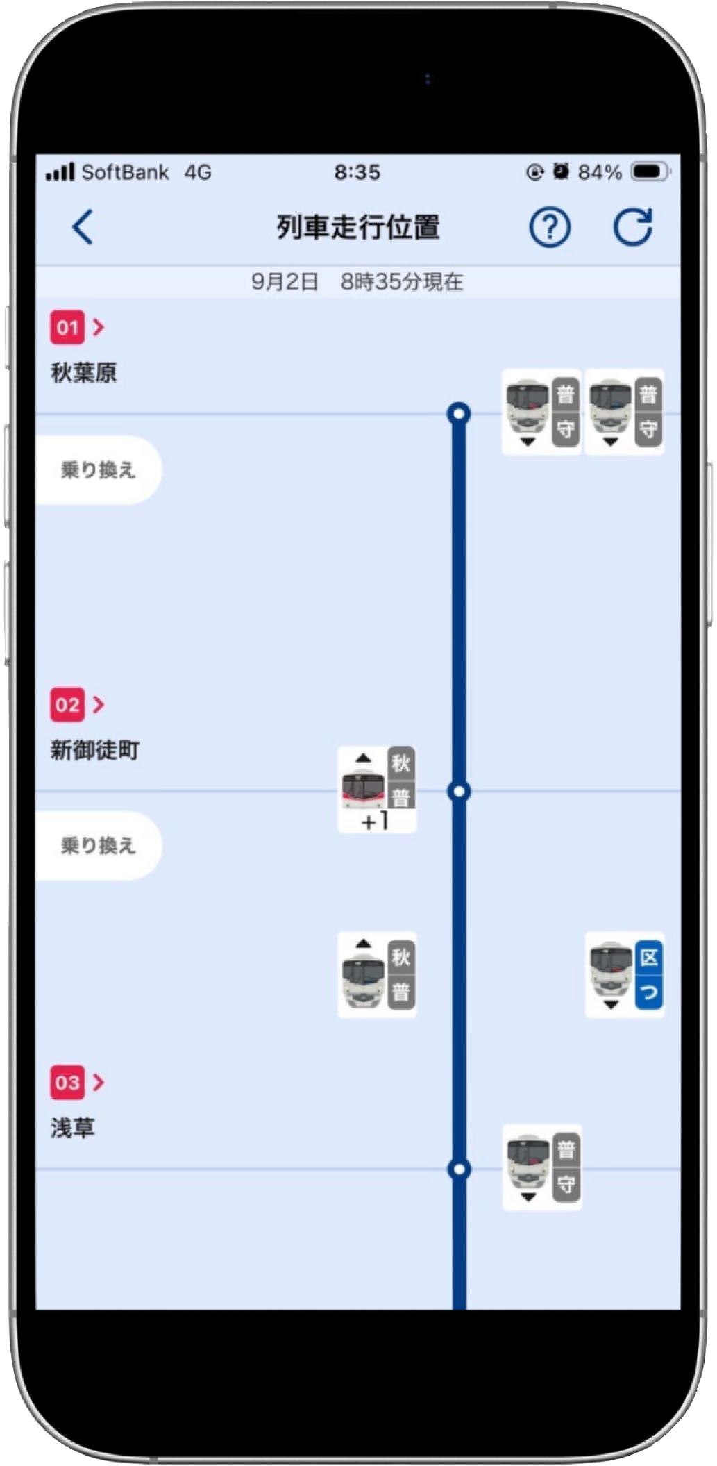 TXアプリ画面 列車走行位置